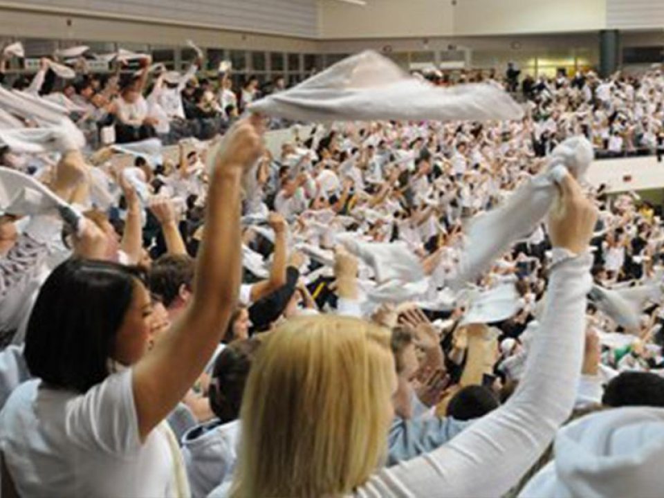 SUNY Oswego Laker fans at a Whiteout Weekend hockey game