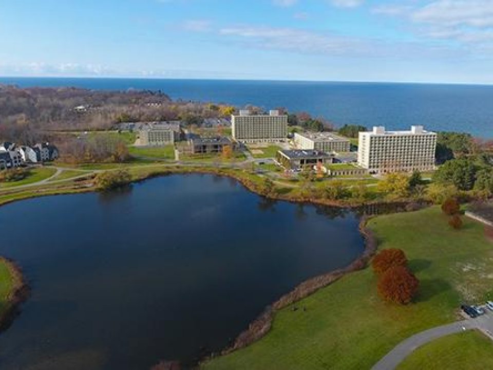 Aerial view of Oswego campus and Lake Ontario