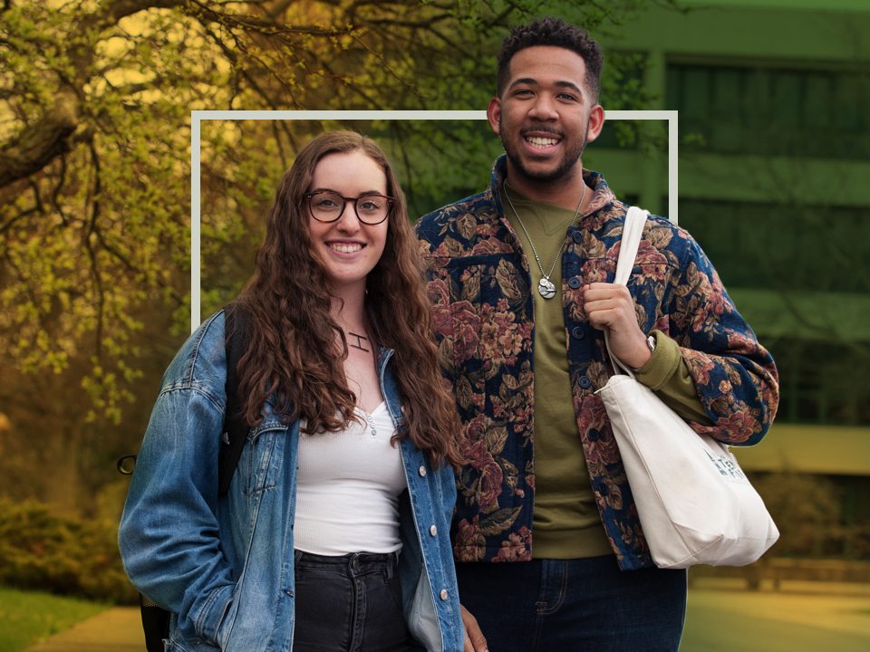 Two students on the quad