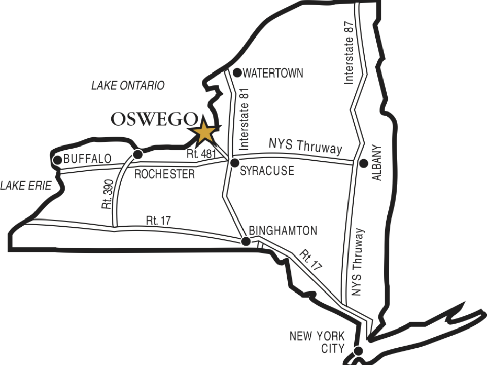 Map of New York State showing Oswego on the northeastern edge of the state, along the shore of Lake Ontario