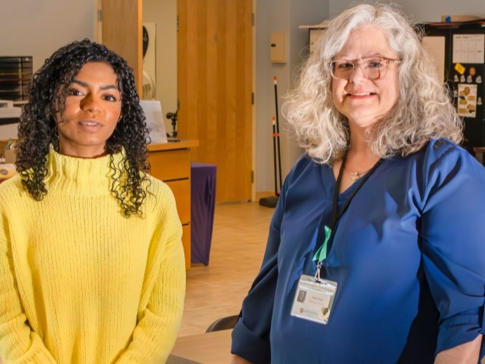 Taijah Menzies (left) and Virginia Bough (right) stand inside Friends of Recovery of Oswego County, a facility dedicated to reducing stigma around substance use disorder.