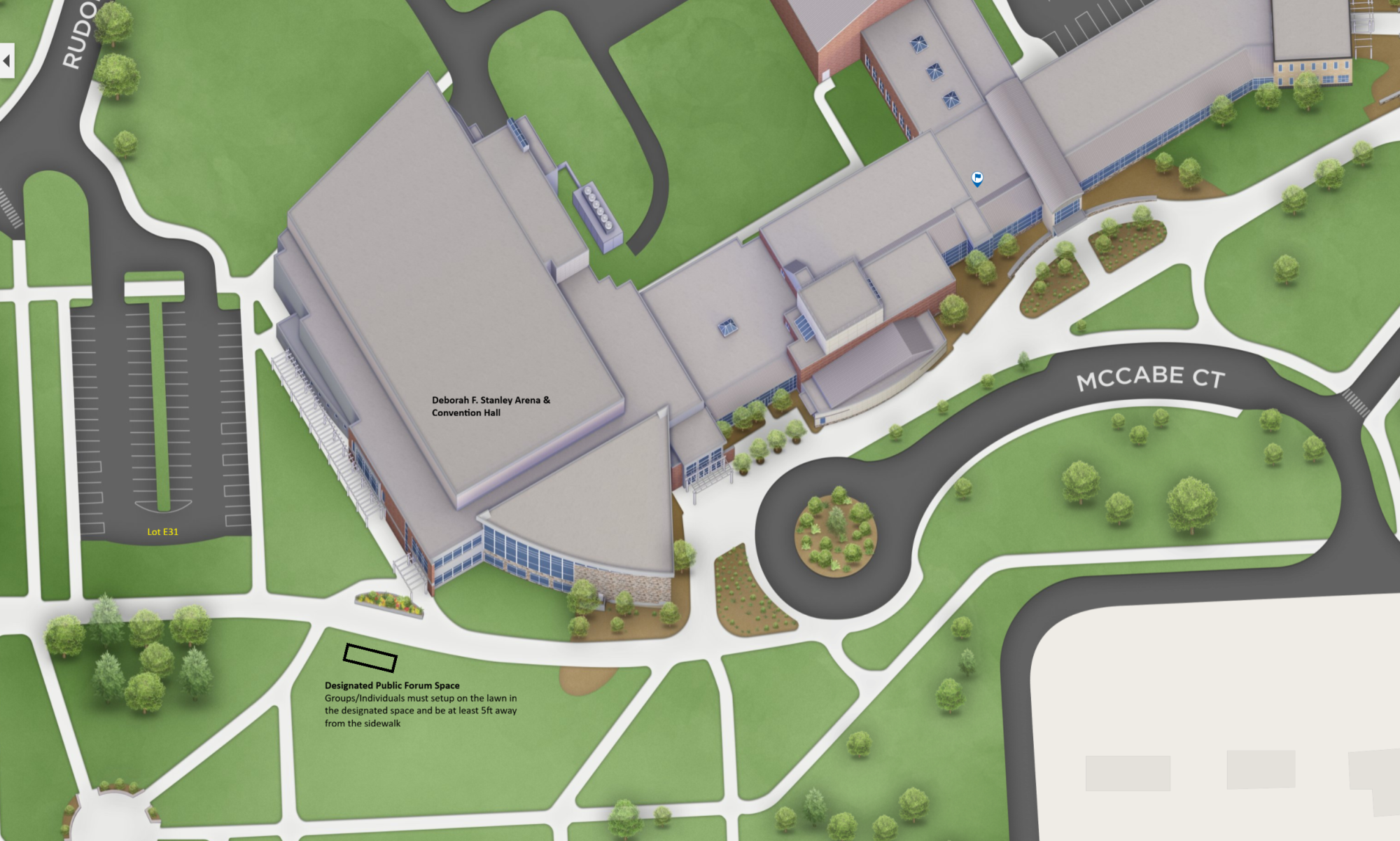 Aerial view showing the designated public forum space located on the lawn between the Deborah F. Stanley Arena and Convention Center and Lot E31.