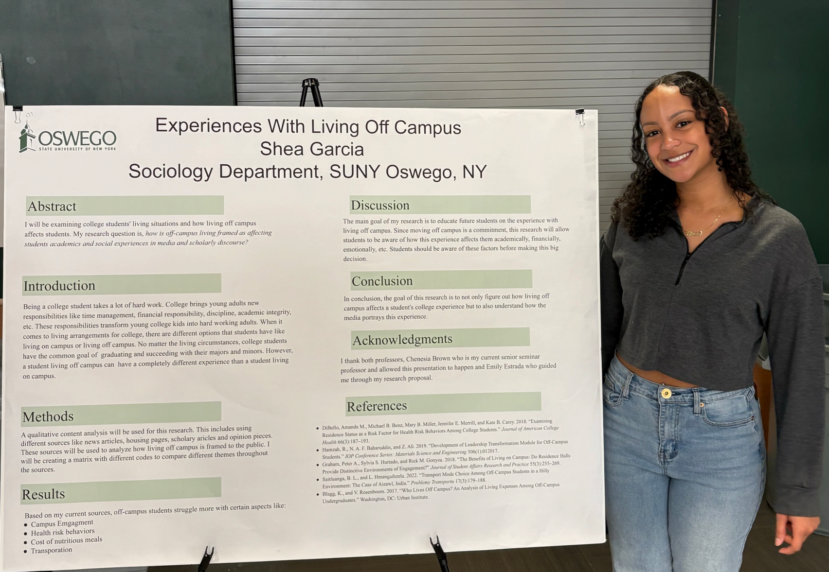 A graduating sociology major presented a poster at Quest titled "Experiences with Living Off Campus"
