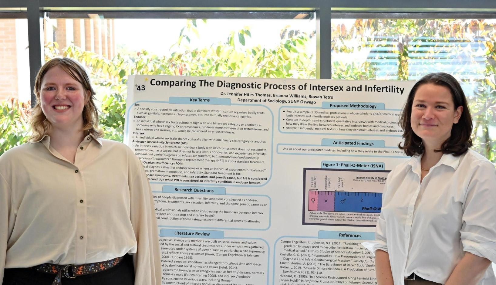 A sociology student and faculty present research poster at the Fall Scholarly and Creative Activities Poster Symposium