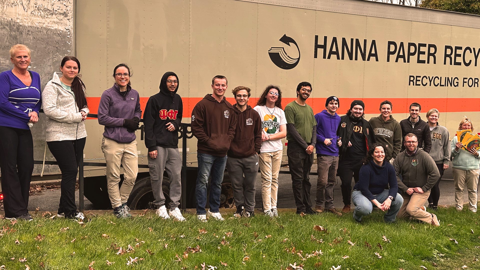 Students, Staff, and interns of the Office of Sustainability and Penfield Library at the large scale paper recycling event