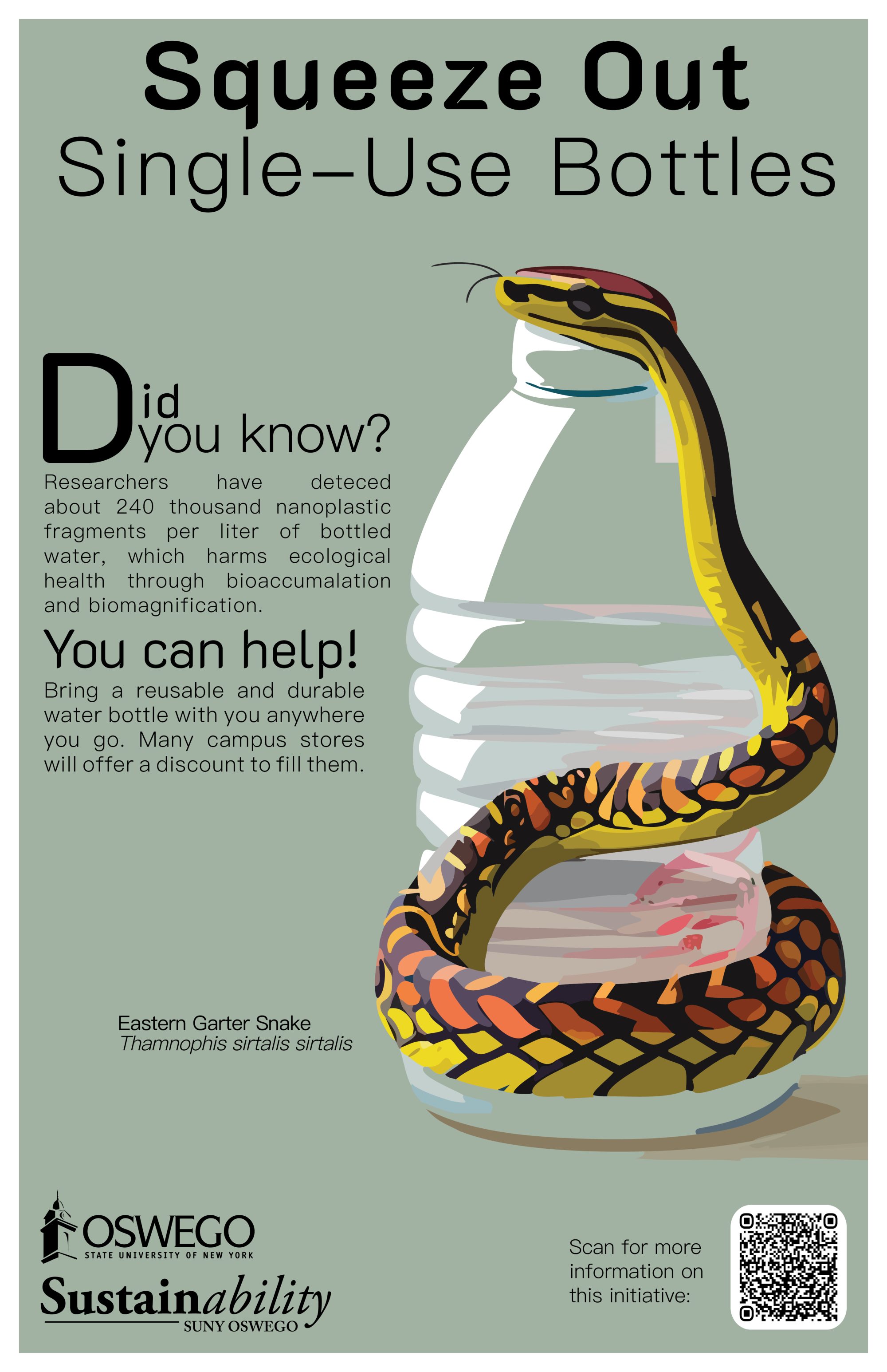 Eastern Garter Snake constricting a single use plastic bottle on a poster about single use bottles