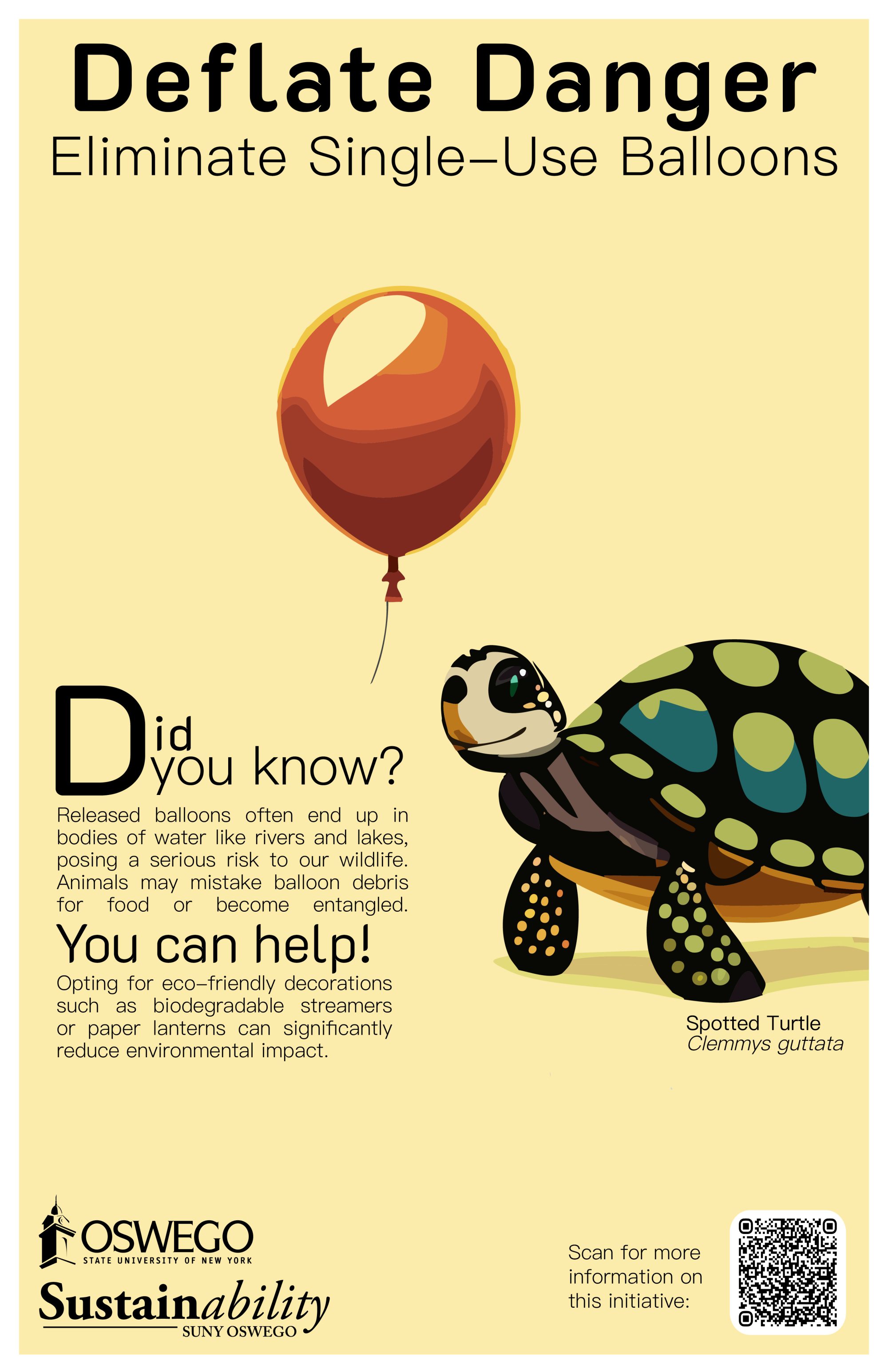 Spotted turtle intrigued by a red balloon floating away on a poster about single use balloons