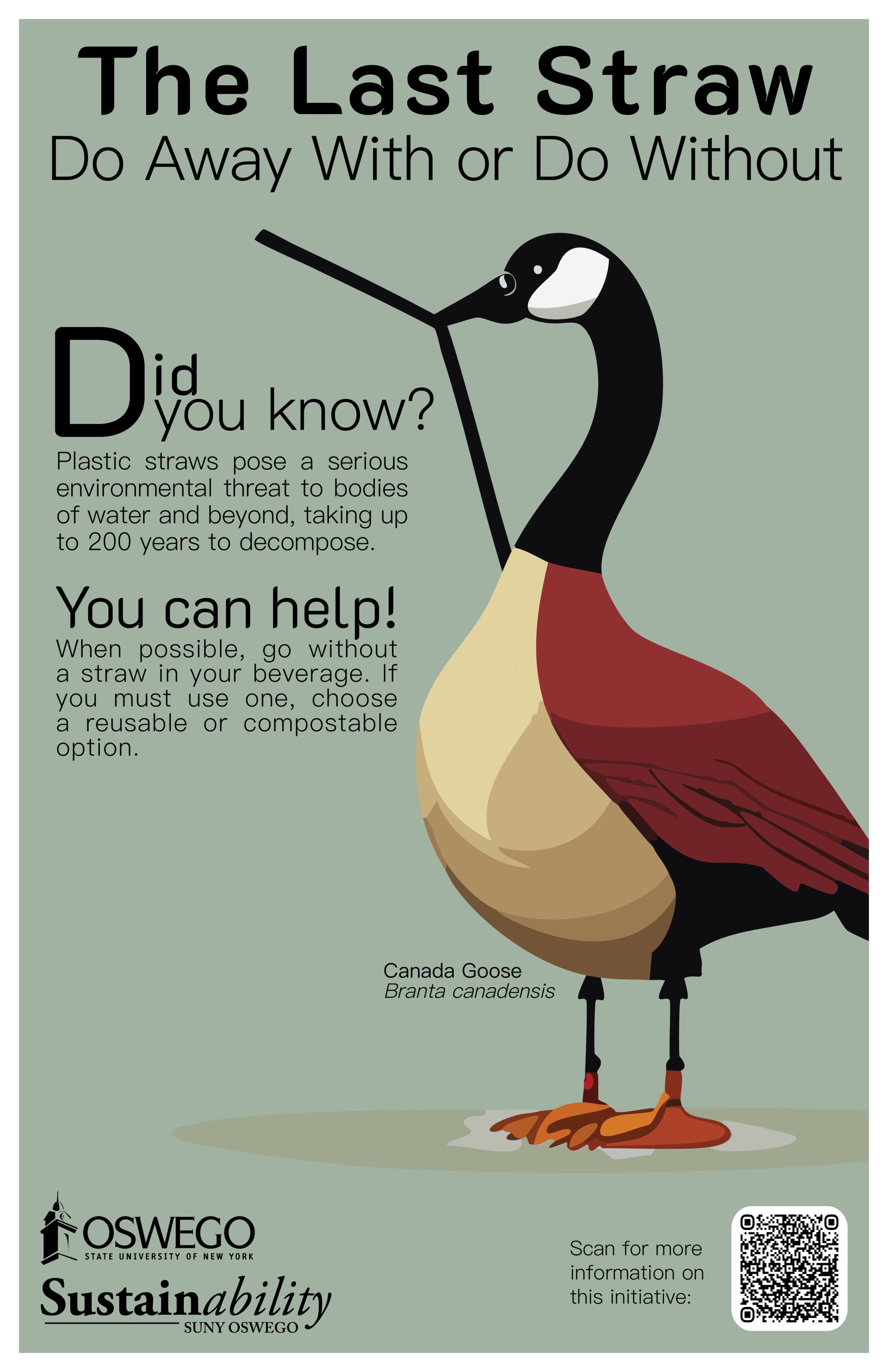 Canada Goose holding a single use plastic straw on a poster about single use plastic straws