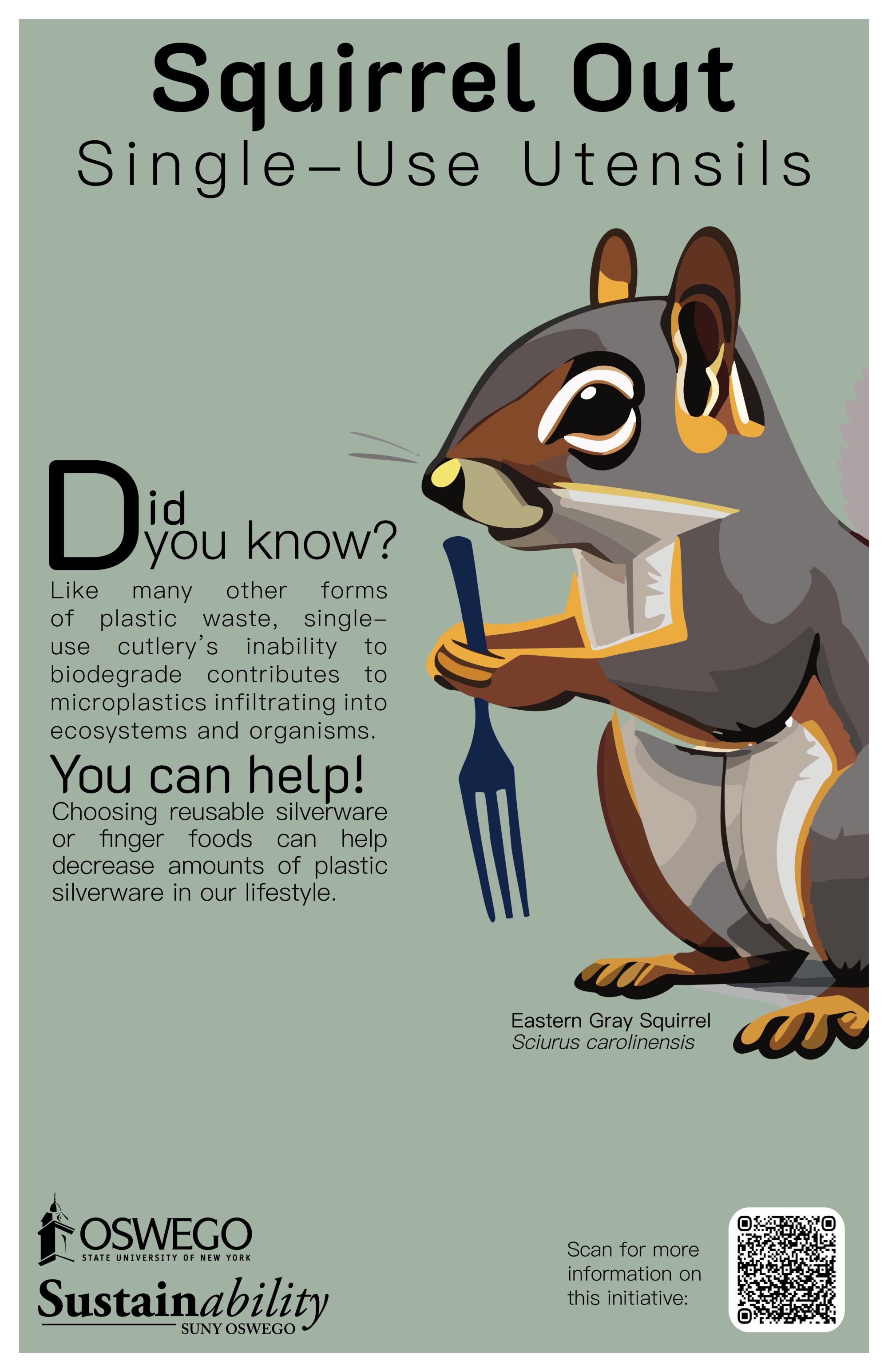 Eastern Gray Squirrel holding a single use plastic fork on a poster about single use plastic utensils