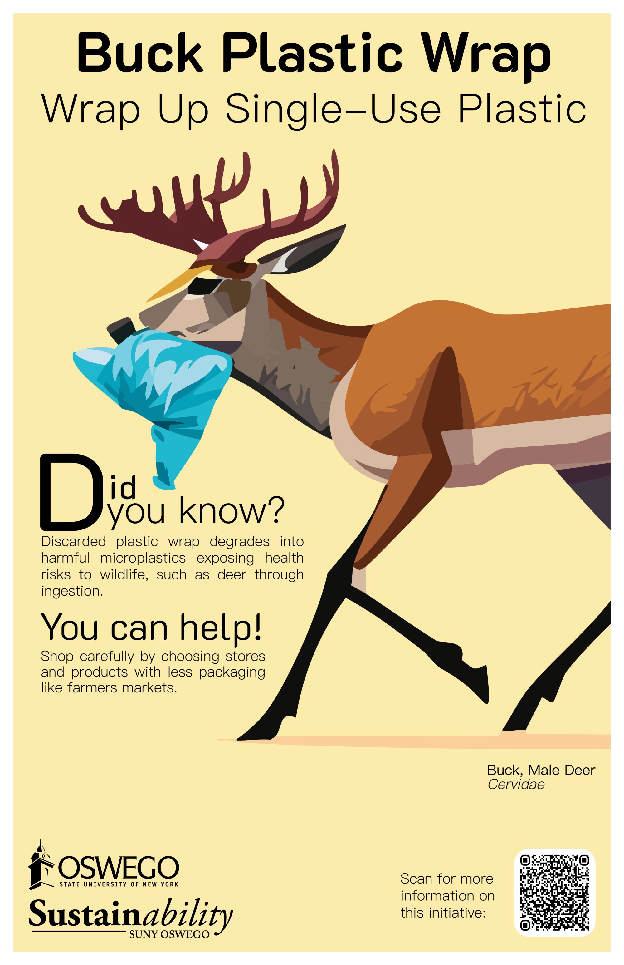 Buck, Male Deer with plastic wrap stuck in its mouth on a poster about single use plastic wrap