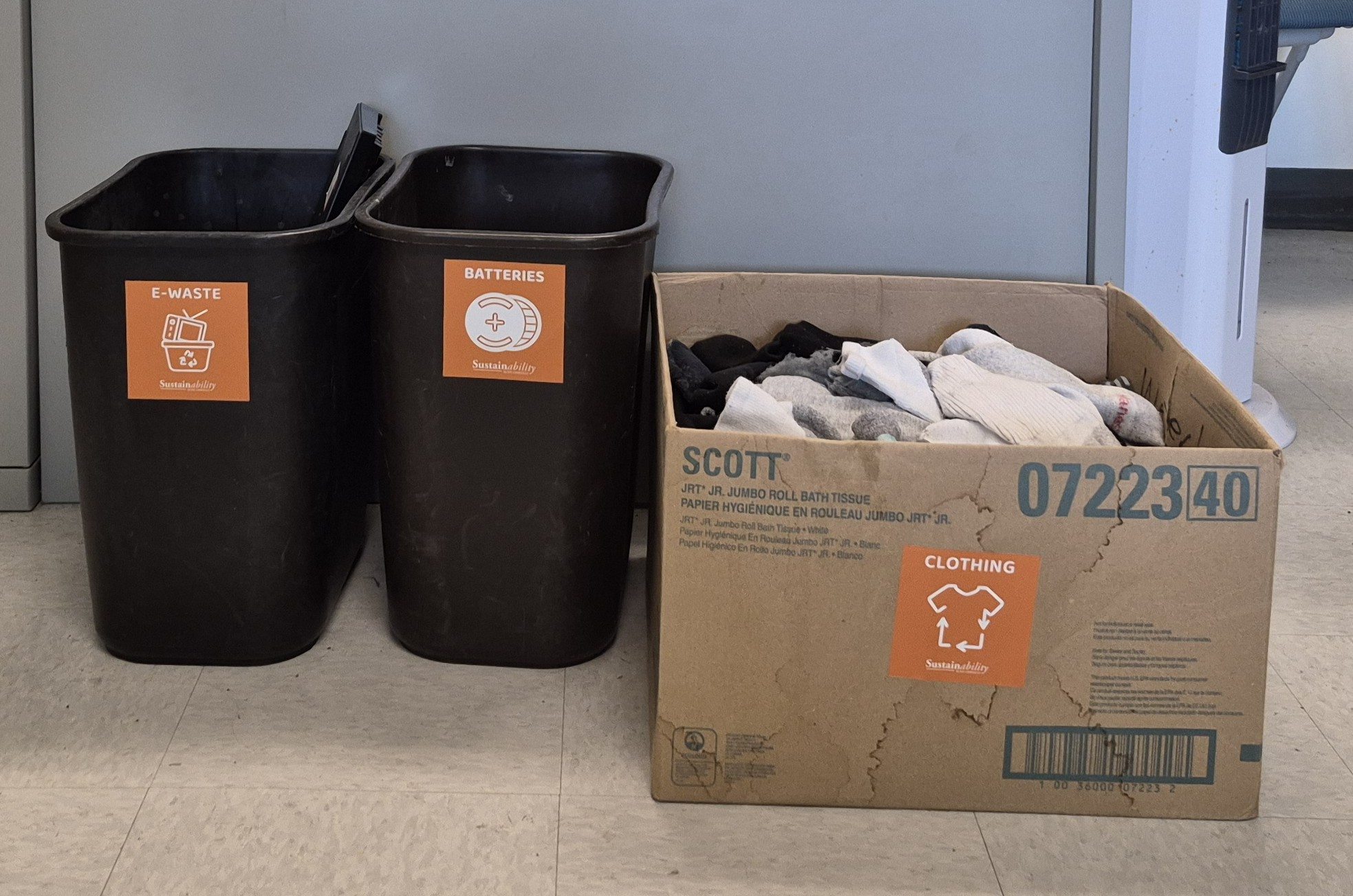 Disposal, recycling, and donation receptacles for batteries, e-waste and clothing