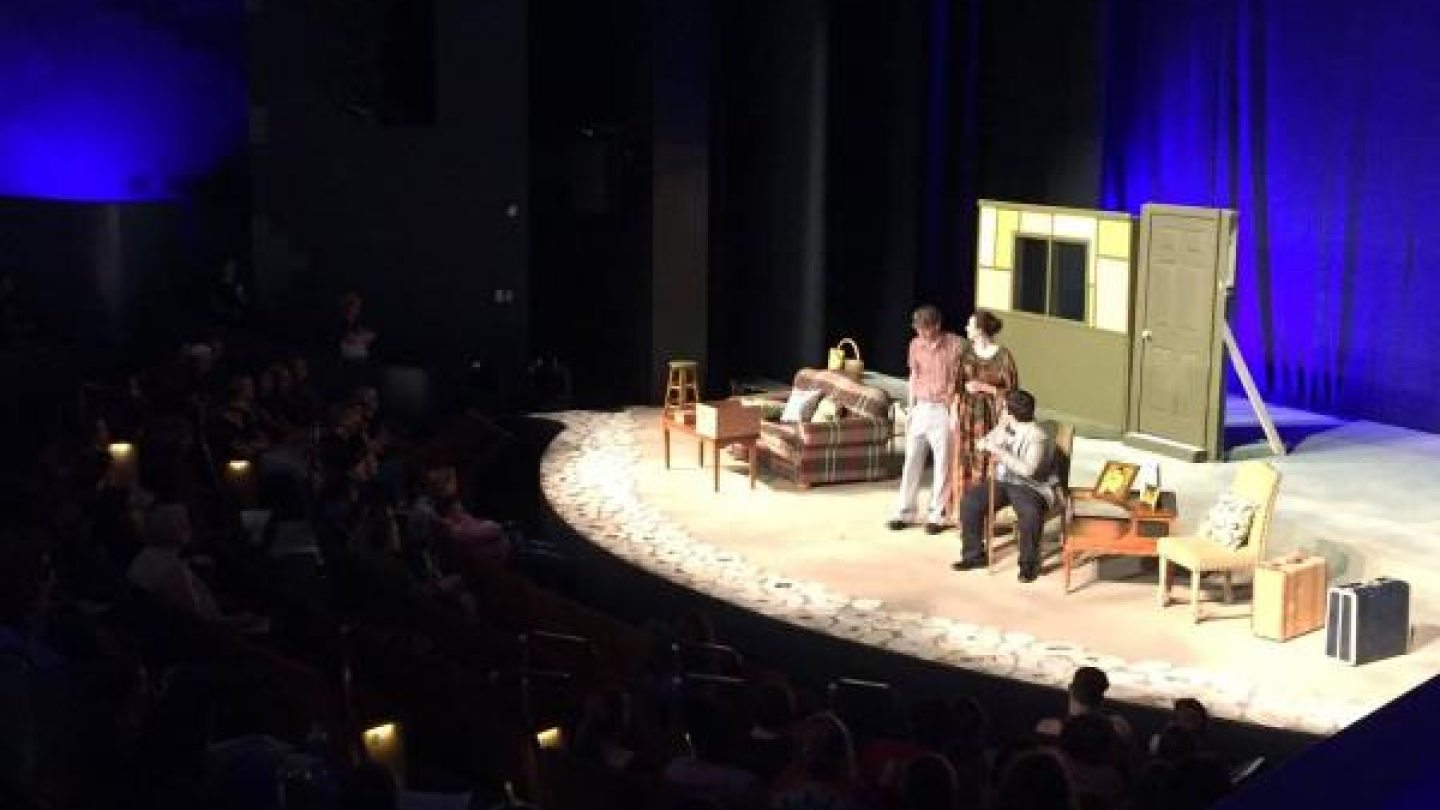 An aerial shot of a stage performance in Waterman Theatre