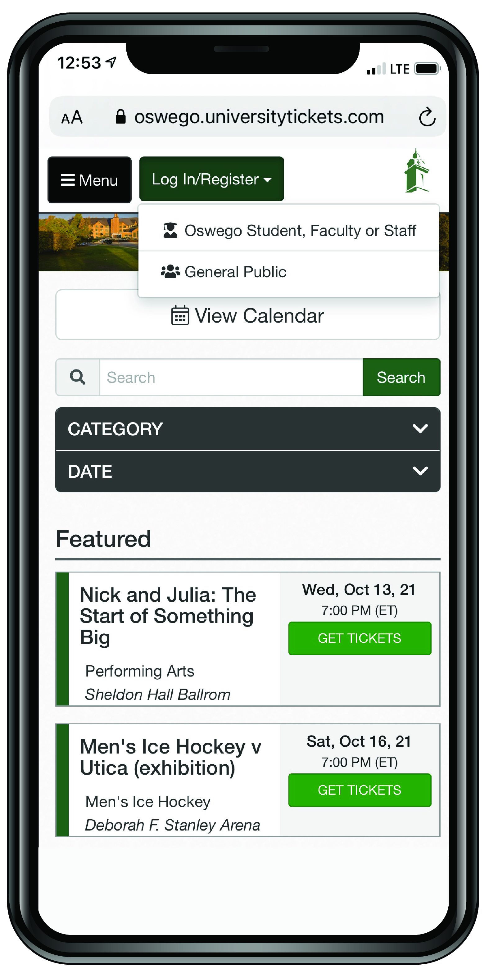 Login at tickets.oswego.edu