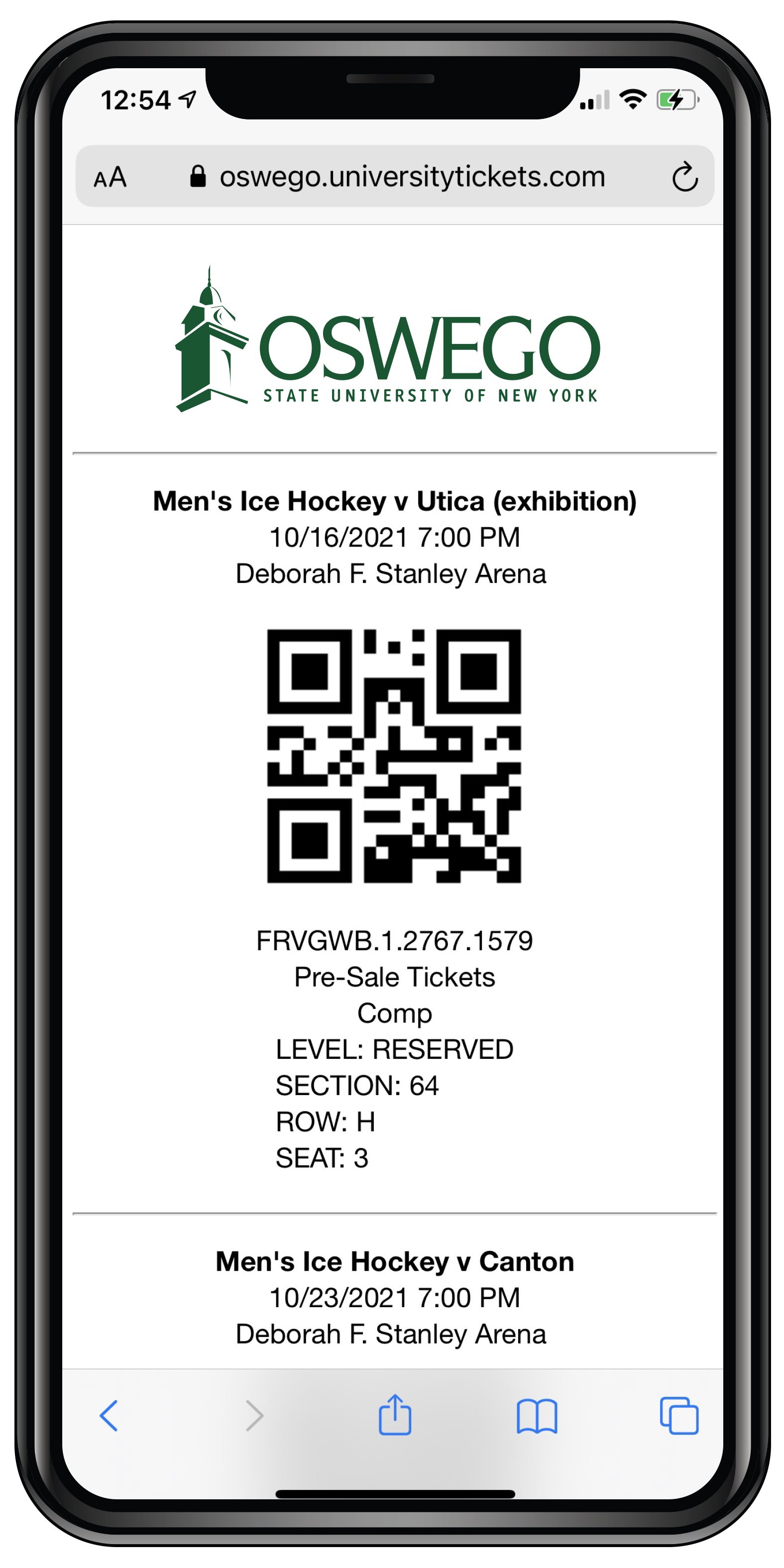 The e-ticket and QR code for paperless entry