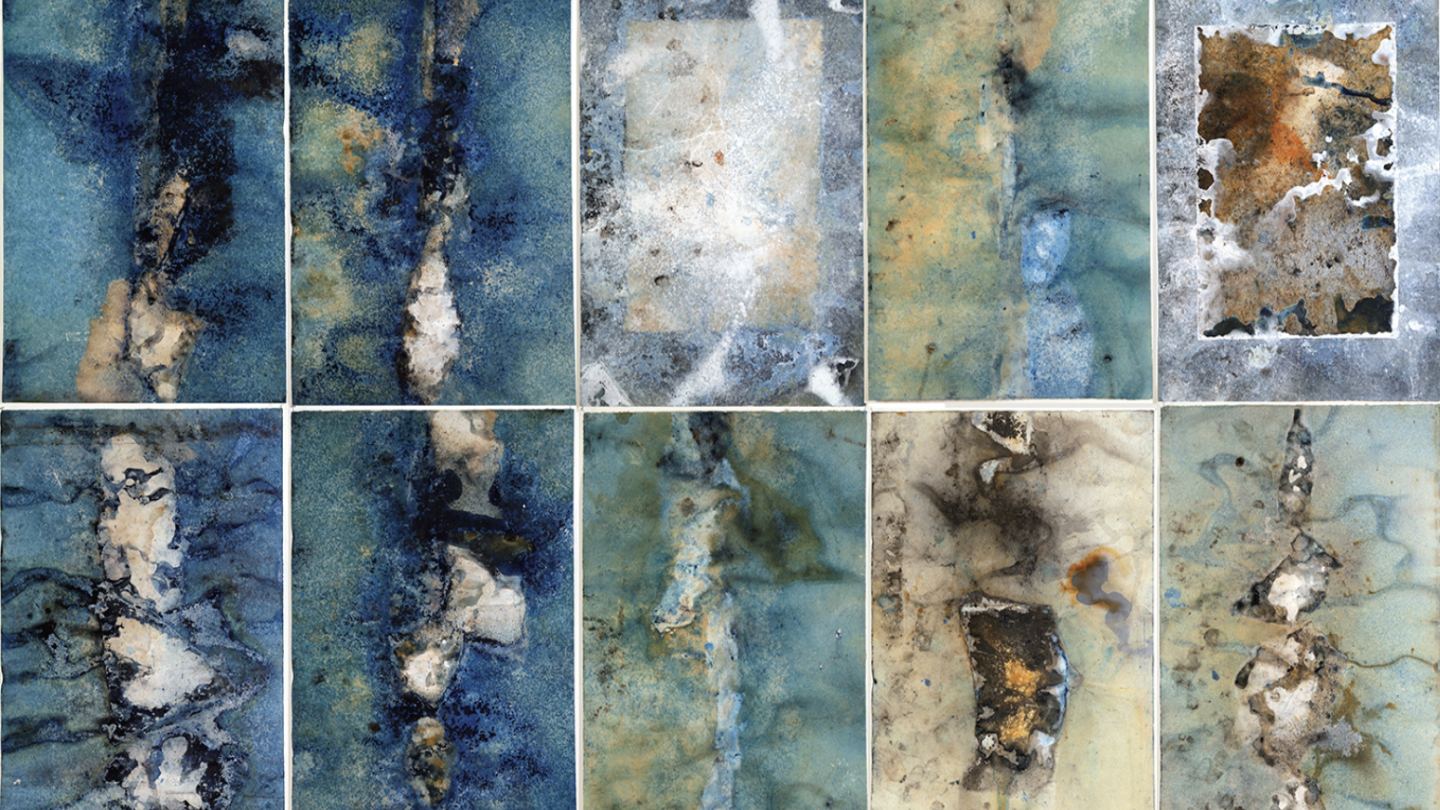 abstract drawings that feature blue, black, and rust looking texture