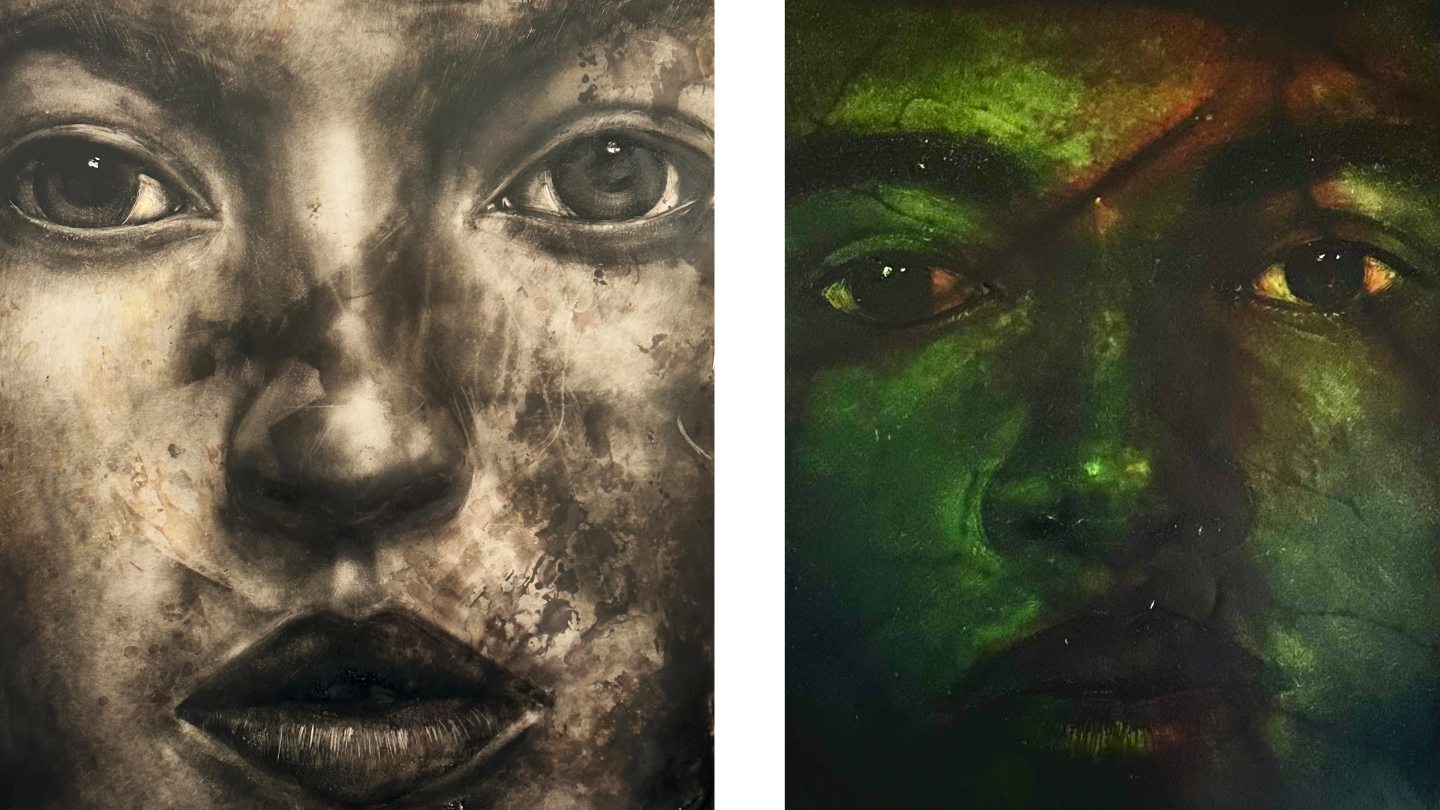 two drawings of faces zoomed into eyes, nose and mouth. One on left black and white with smudges, one on right mostly green with a red slash across forehead and eye