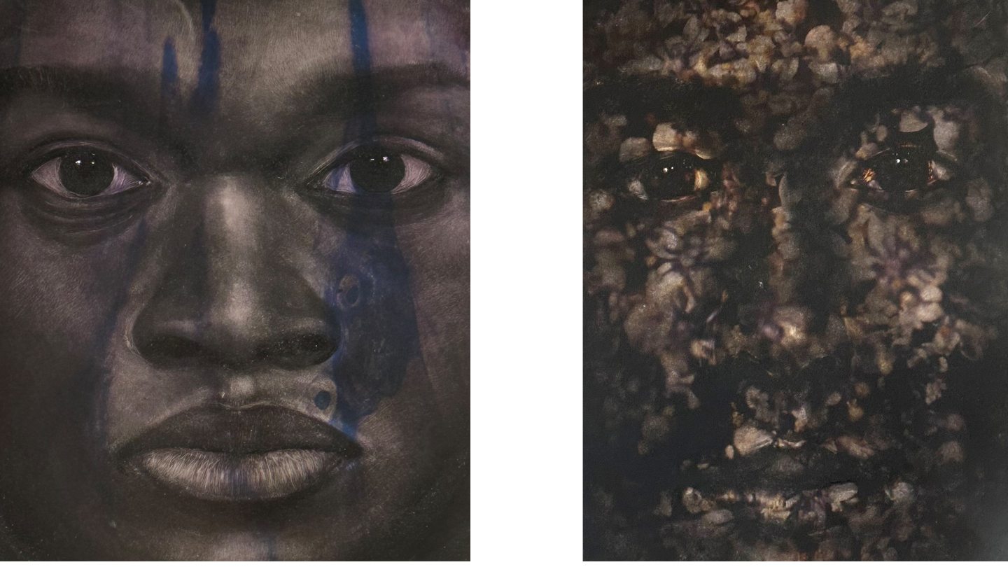 drawings of two faces zoomed into just eyes, nose, and mouth. Image on the left is black and white with dark blue color spilling down face. Image on the right is a cream and brown face with cracks all over the surface. 