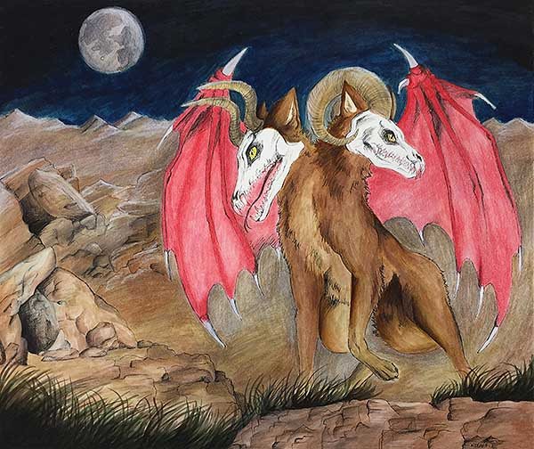 Demonic two-headed wolf creature in a surreal nighttime desert landscape