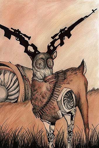 Mechanical steampunk deer wearing a gas mask standing in a post-apocalyptic scene.