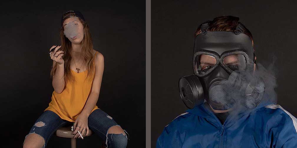 First image of this series - young woman is sitting while her face is covered in smoke. Second image of this series - Young man wearing a gas mask with smoke coming out of the filter.