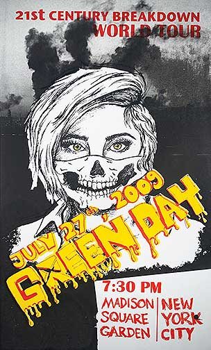 Band poster featuring a woman with bandana covering face in front of a smokey city landscape.