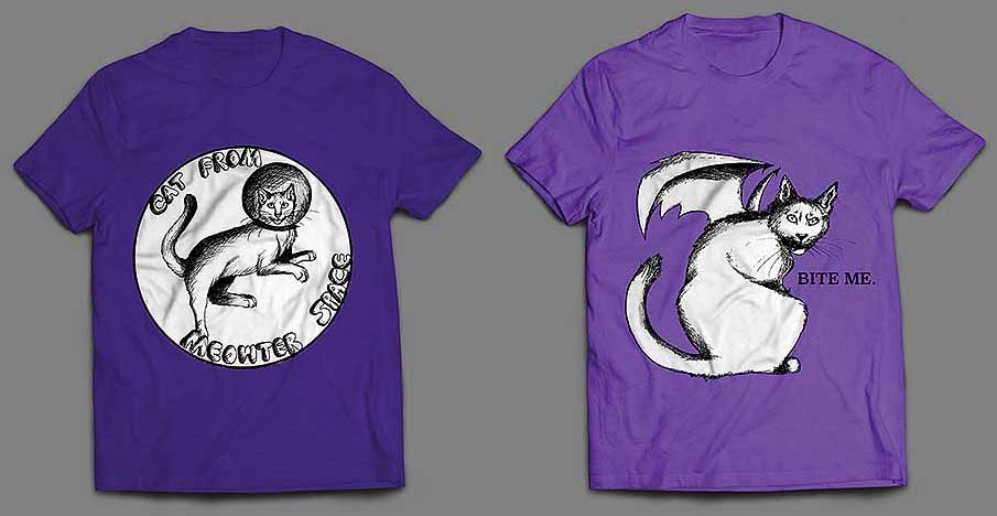 Branding line featuring a flying astronaut cat, a cat with angel wings and a vampire cat with the words &#039;Bite me&#039;.