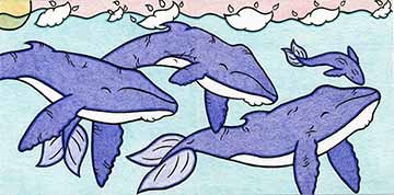 Profile view of four whales swimming in a group, three adult whales and one younger whale. The older whales have somewhat randomly placed stylized markings on them, meant to represent scars blue whales typically accrue all over their bodies over the course of their lives. The younger whale has no scars, and is seen swimming towards the head whale in the group. Above the whales we see the sun, which from our view, seems to dip below the waves. Starting from the sun in the top far left, we see periodic wide c