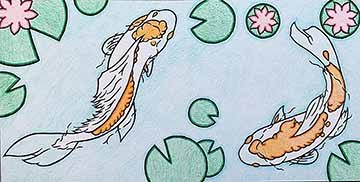 Two white and orange koi fish form above swimming around in some water. There are lily pads and lotus flowers all around them. The fish, lily pads, and flowers in the work all have thick black linework with a textured color fill. The texture seen in the work could be described as similar to the somewhat coarse texture you might feel on a rock.