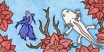 In this work we see a blue betta fish and an axolotl from above. They&#039;re both swimming against blue water, with red flowers surrounding them. There are several branches coming out from underneath the several flowers. The animals and plantlife in the illustration have thick black linework, and have a textured color fill with the consistency of a somewhat coarse rock.