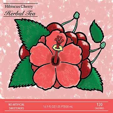 Top right of the square tea label there&#039;s black text with a black line above and below it. The top line reading Hibiscus Cherry is in a serif typeface, the line below reading Herbal Tea is in a script typeface. Just below this, against a pink background with occasional white patches of texture, we can see an illustration of a hibiscus flower and a number of cherries. The cherries are piled up behind the flower and are painted in such a way that the brush stroke is immediately apparent 