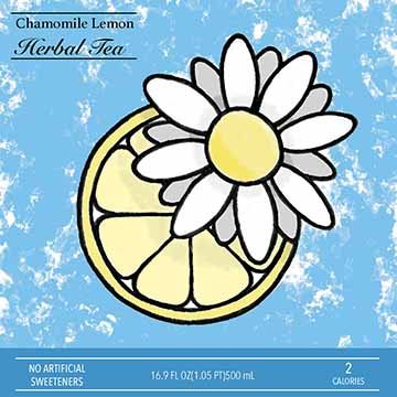 To the top right of the square tea label there&#039;s black text with a black line above and below it. The top line reading Chamomile Lemon is in a serif typeface, the line below reading ÒHerbal TeaÓ is in a script typeface. Just below this, against a light blue background with occasional white patches of texture, we can see an illustration of a chamomile flower sitting atop a lemon slice. The quality of the paint on the flower and lemon could almost be described as scratchy if seen closer up. 