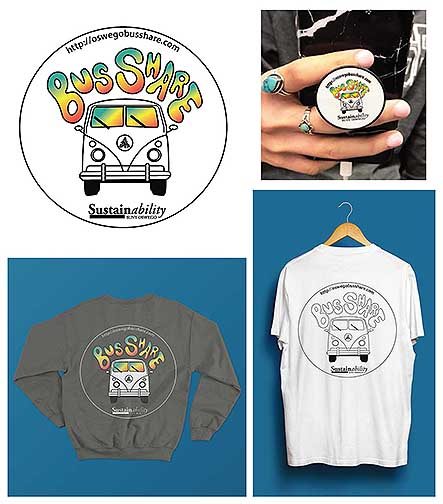 This Bus Share Logo was designed for the Office of Sustainability at SUNY Oswego to promote their Bus Share app. These pop sockets are circular stands for your phone that stick on the back of your device. A grey sweatshirt with the Bus Share Logo printed on the center back. This sweatshirt also features the Office of Sustainability at SUNY Oswego logo on the front of the sweatshirt in the upper right corner.
