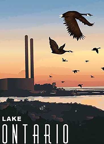 An illustrated scene of the shore of Lake Ontario with a sunset in the background. This piece includes a view of the two energy plant towers on the left center of the piece and geese flying towards Lake Ontario on the right. The words Lake Ontario are Sans Serif typefaces in the bottom left corner in white.