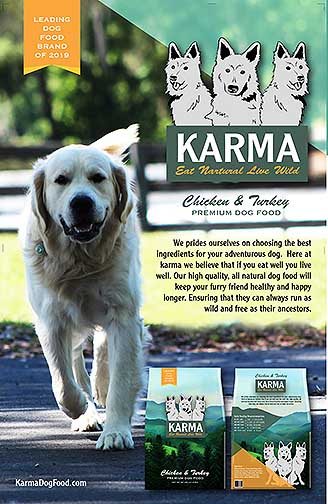 This poster is advertising Karma Canine Care’s brand of dog food.
