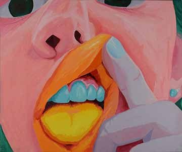 A close up painting of a woman pulling up her orange lip to expose her blue teeth and yellow tongue