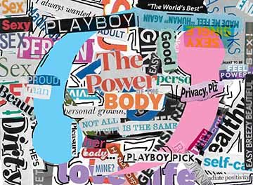 A collage of magazine and paper cut outs with various words relating to body image.