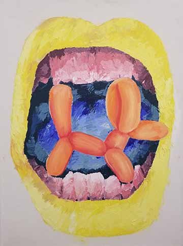 A painting of a mouth with a balloon animal dog inside.