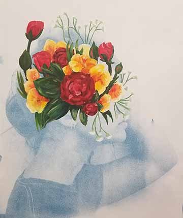 A blue figure beneath a colorful painted bouquet.