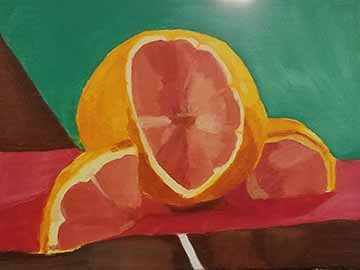 A stylized painting of grapefruit slices.