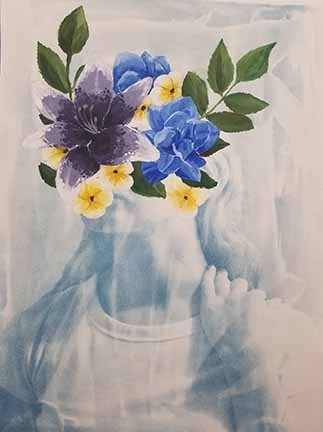 A blue figure beneath a colorful painted bouquet.