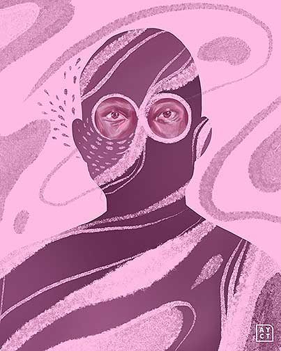 Overall pink composition with central figure, swirling shapes and detailed eyes.