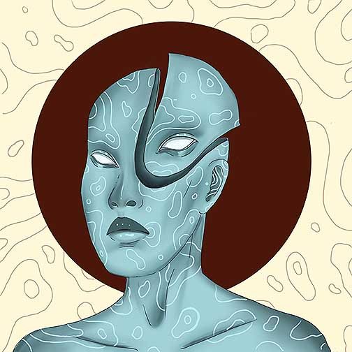 Blue central figure with a segmented head and an abstract pattern on skin.