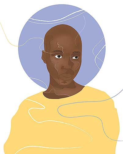  A person in a yellow shirt in front of a purple circle with whimsical lines surrounding them.