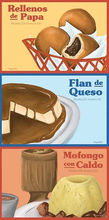 A series of three postcards featuring illustrations of Puerto Puertorican recipes.