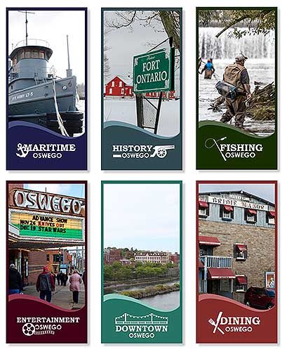 A series of six banners made to be hung around Oswego. They feature various activities and places around the city.
