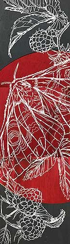 This is a vertical screen printed triptych of a both and raspberries. Each panel has 2-3 separate printed layers.