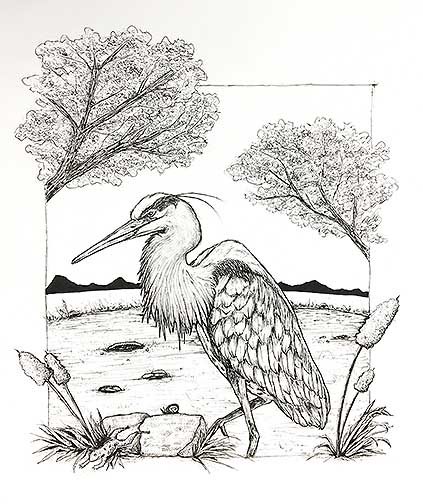 A micron pen drawing based on Aesop’s fable, The Heron.