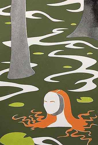 A four layer screen print of a silhouette of a girl in a swamp.