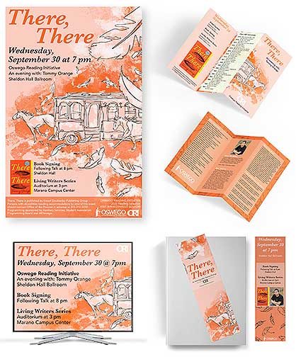 A campaign series for the 2020 Oswego Reading Initiative, including a poster, bookmark, brochure, and digital signage.