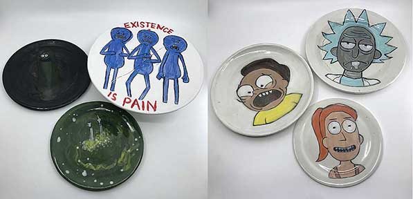 This dinner set was thrown on the potter&#039;s wheel. The theme of this dinner set is based on the Adult Swim show Rick and Morty. The images on the plates and platter are hand painted characters and motifs from the show. Plumbus Bowl is inspired by an object within this universe of the show fashioned to be a functional piece of work